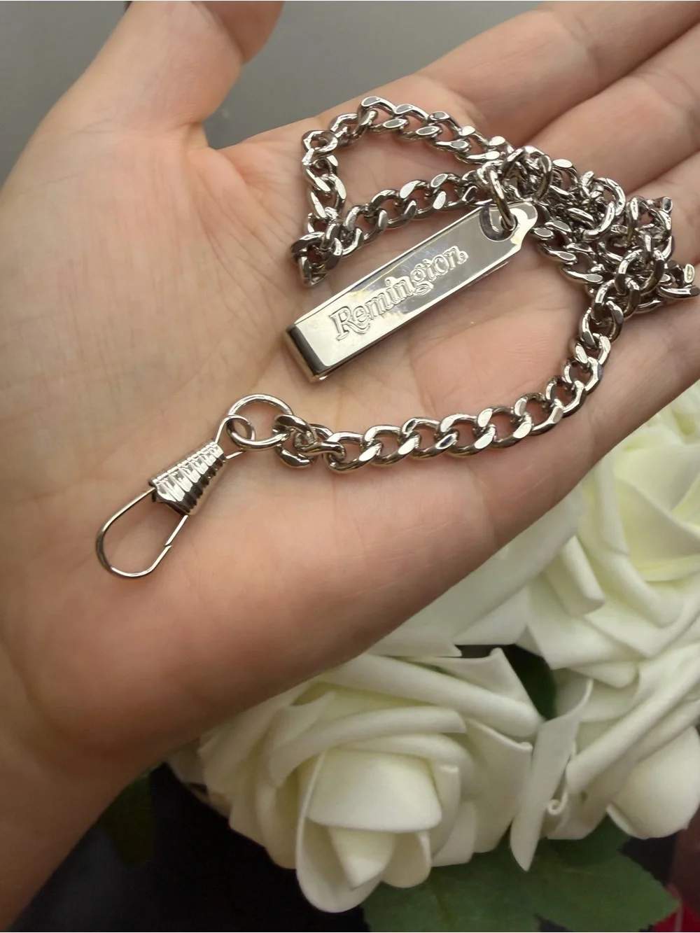 Remington Polished Silver Chain Keyring with Engraved Tag